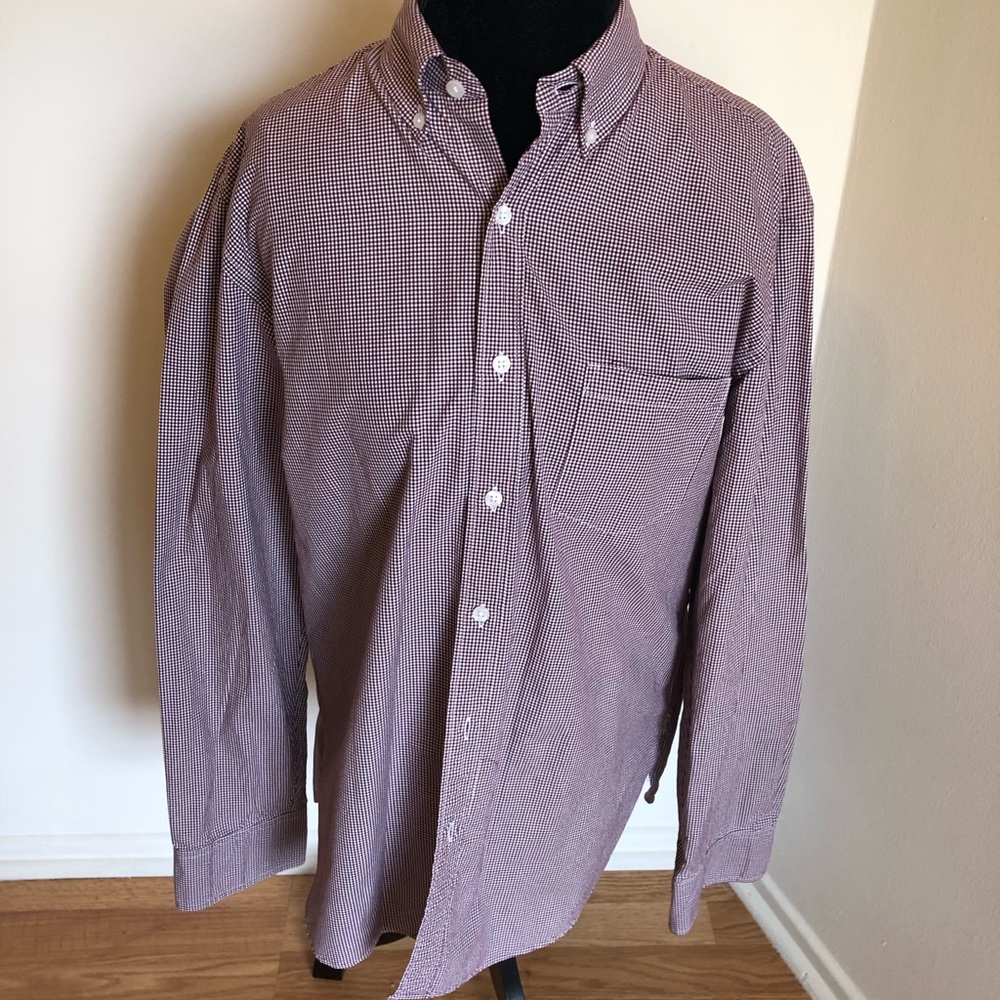 Men’s J Crew button-up in burgundy small check. L